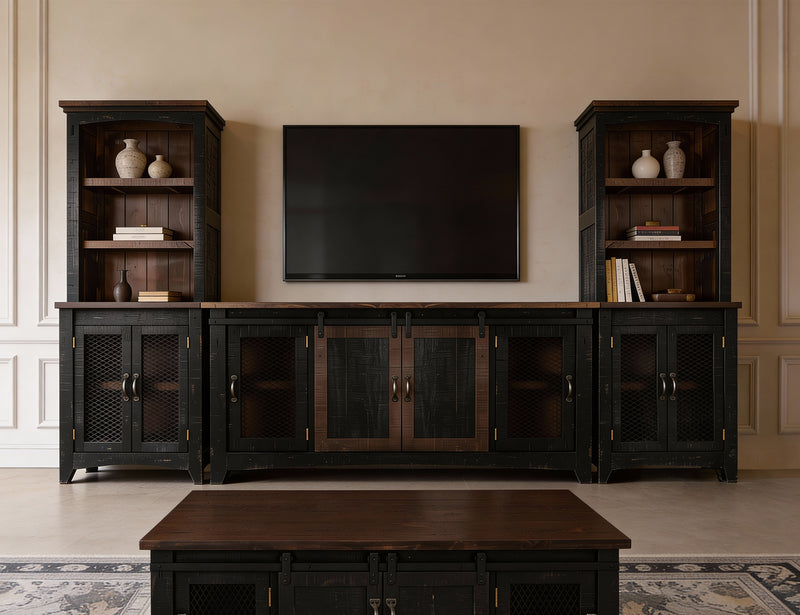 International Furniture Direct Pueblo Black Wall Unit entertainment center with open shelving and storage compartments.
