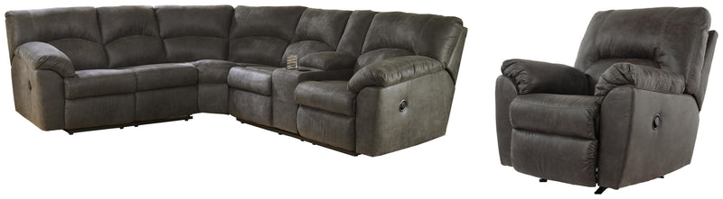 Ashley Furniture Tambo Living Room Set with sofa, loveseat, and coffee table in a modern design, shown in a living room setting.