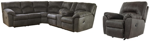 Ashley Furniture Tambo Living Room Set with sofa, loveseat, and coffee table in a modern design, shown in a living room setting.