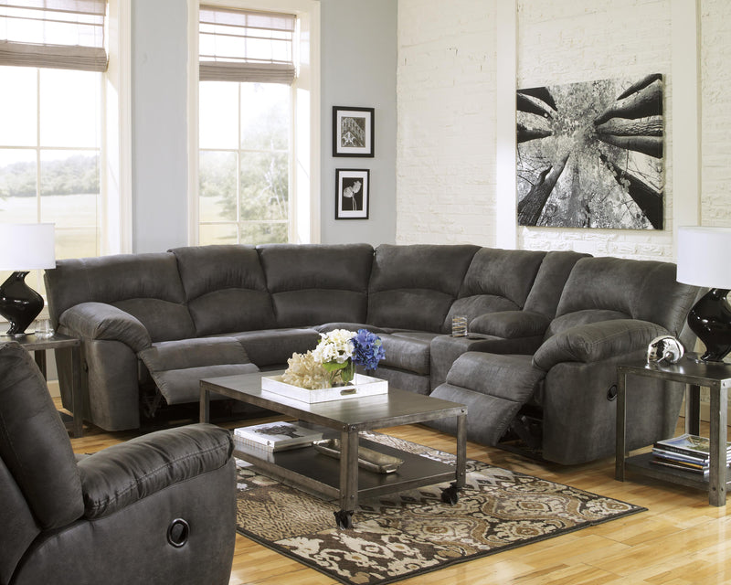 Ashley Furniture Tambo living room set featuring a sofa and armchair in a modern design with neutral upholstery.