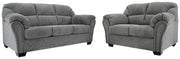 Ashley Furniture Allmaxx living room set featuring a sofa and loveseat in a modern design with neutral fabric upholstery.