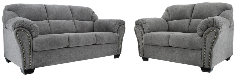 Ashley Furniture Allmaxx living room set featuring a sofa and loveseat in a modern design with neutral fabric upholstery.