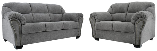 Ashley Furniture Allmaxx living room set featuring a sofa and loveseat in a modern design with neutral fabric upholstery.
