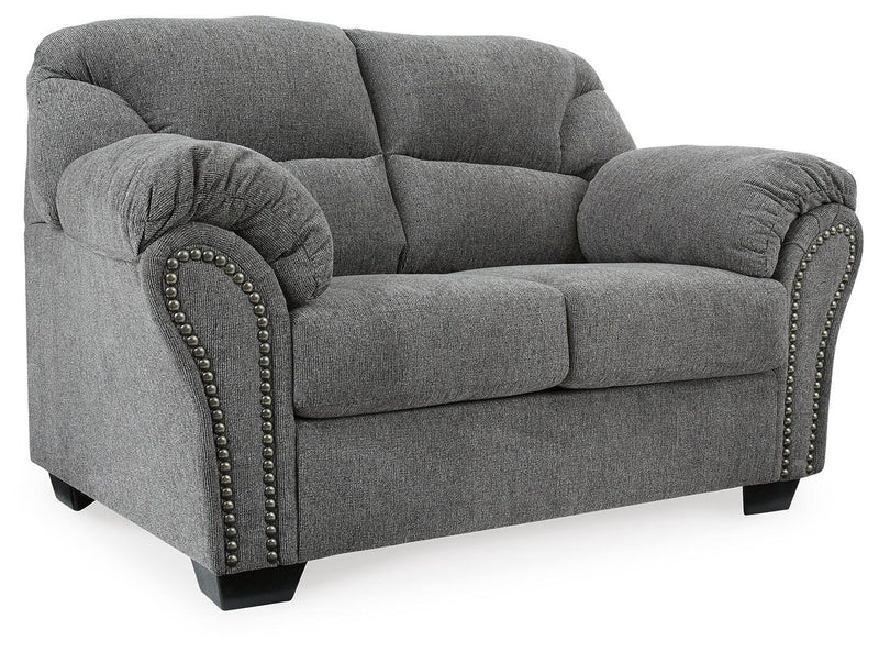 Ashley Furniture Allmaxx living room set featuring a sofa and loveseat with plush cushions and modern design, angled view.