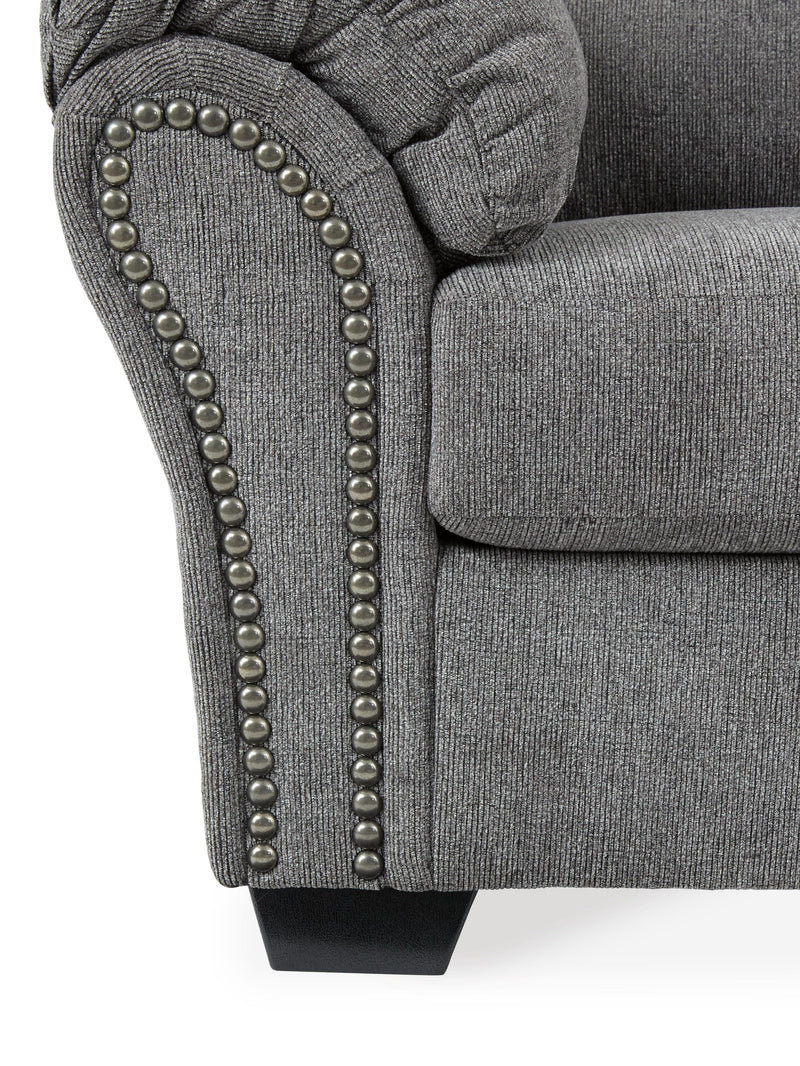 Ashley Furniture Allmaxx loveseat with plush fabric and modern design, shown with detailed close-up of the upholstery and cushions.