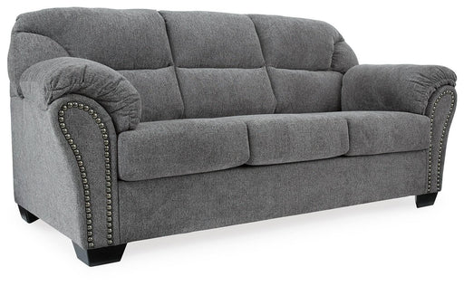 Ashley Furniture Allmaxx sofa shown from an angled view, featuring plush cushions and contemporary design in neutral fabric.