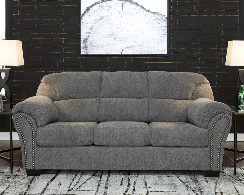 Ashley Furniture Allmaxx sofa, stylish and comfortable beige fabric sofa with plush cushions and wooden legs.