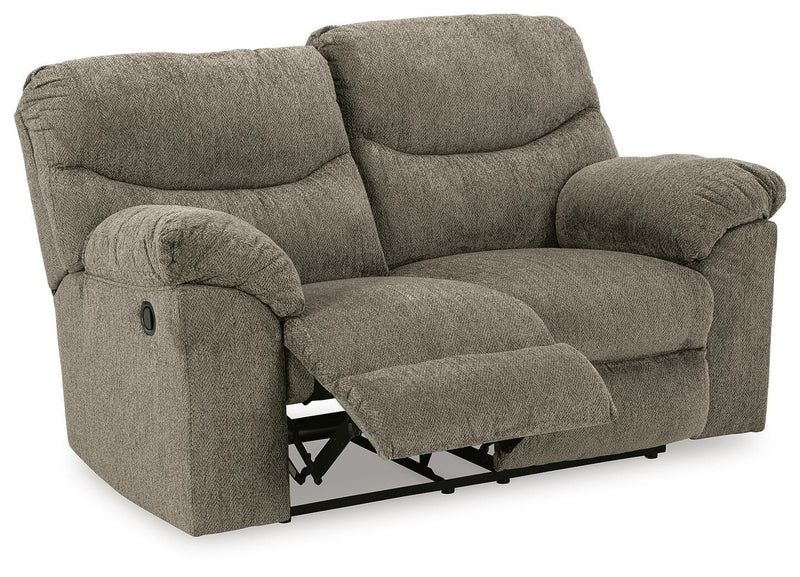 Open-angle view of Ashley Furniture Alphons living room set with sofa and chairs, showcasing modern upholstery and stylish design.