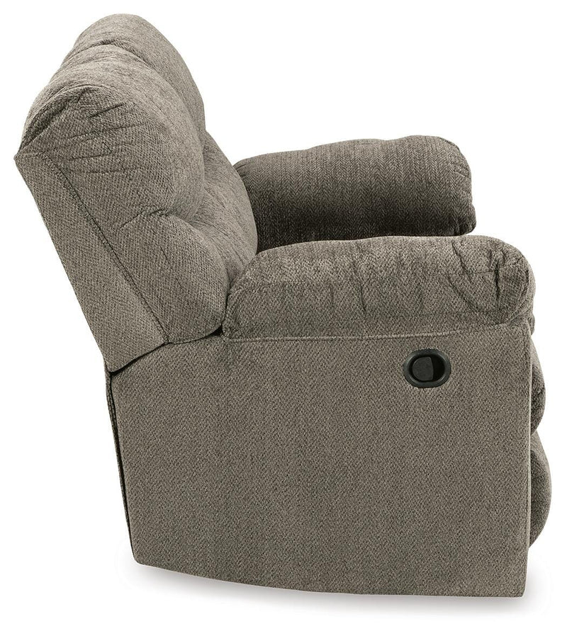 Ashley Furniture Alphons living room set with sofa and armchair, featuring neutral fabric upholstery and modern design details.