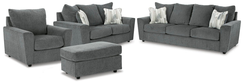 Ashley Furniture Stairatt living room set with sofa and armchair in a modern design, shown in a stylish living space.
