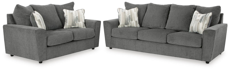 Ashley Furniture Stairatt living room set with sofa and loveseat in a modern fabric, featuring plush cushions and stylish design.