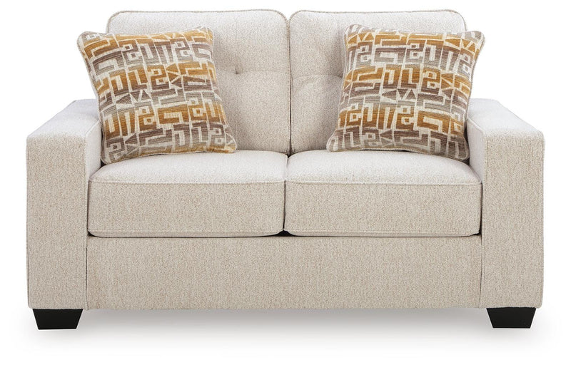 Ashley Furniture Larimer living room set with a sofa and armchair in a modern design, shown from a head-on view.