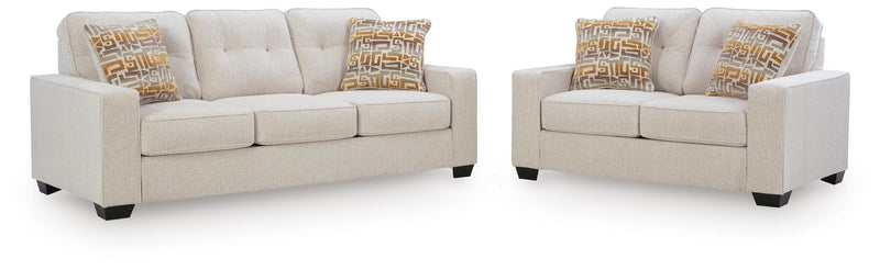 Ashley Furniture Larimer living room set with sofa and loveseat featuring neutral upholstery and modern design.