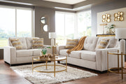 Ashley Furniture Larimer living room set includes a sofa and loveseat in a modern upholstery with plush cushions and wooden legs.