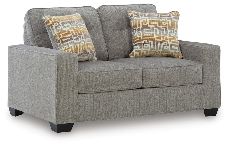 Ashley Furniture Larimer living room set with a sofa and loveseat, featuring neutral fabric and modern design, angled view.