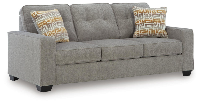 Ashley Furniture Larimer living room set featuring a sofa and loveseat in a modern design, shown from an angled perspective.