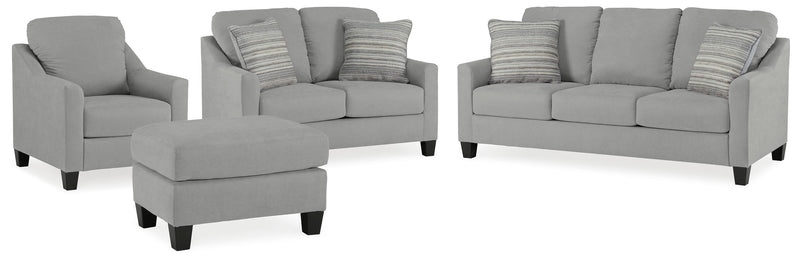 Ashley Furniture Adlai living room set with sofa and armchair in a contemporary design, shown with neutral upholstery and wooden legs.