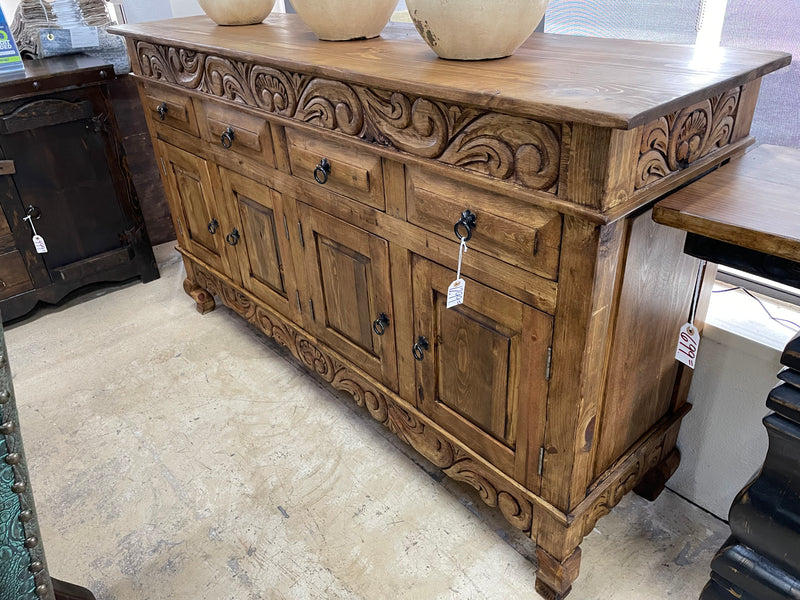 72” Reclaimed Wood Tall Sideboard w/ Carvings