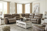 Ashley Furniture Realyn Occasional Table Set featuring three wooden tables with modern design and dark finish.