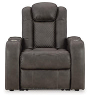 Ashley Furniture Fyne-Dyme power recliner with plush upholstery and padded armrests, shown from a head-on view.