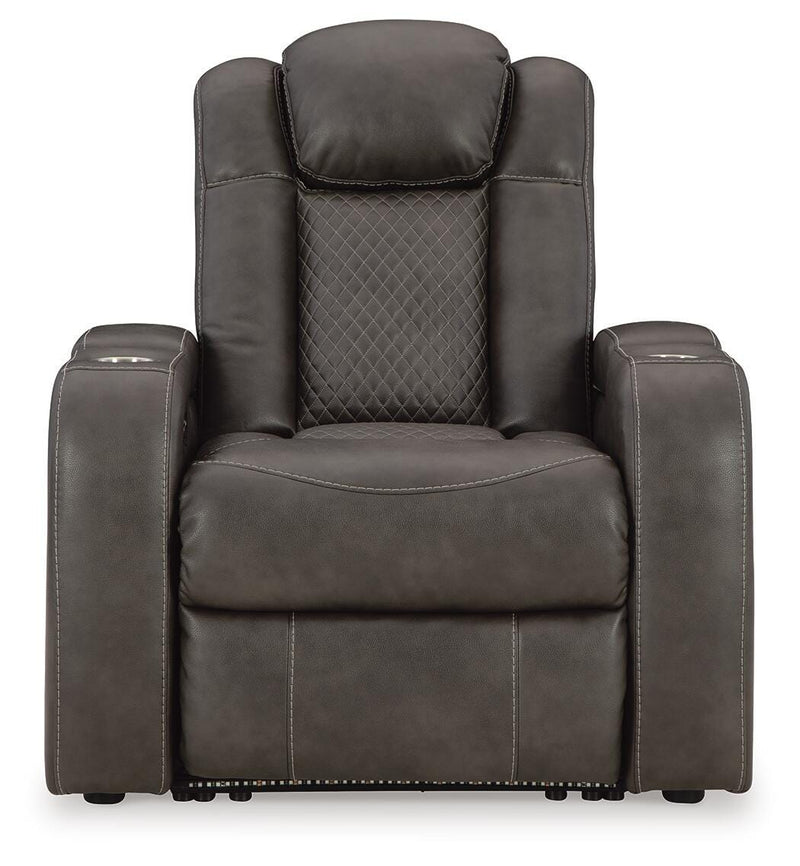 Ashley Furniture Fyne-Dyme power recliner with plush upholstery and padded armrests, shown from a head-on view.