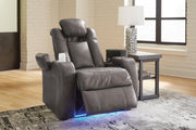 Ashley Furniture Fyne-Dyme Power Recliner in dark gray fabric with plush cushioning and built-in recline mechanism.