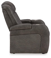 Ashley Furniture Fyne-Dyme power recliner in neutral fabric with plush cushioning and adjustable reclining mechanism.