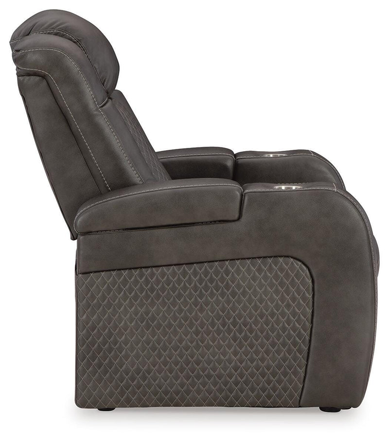 Ashley Furniture Fyne-Dyme power recliner in neutral fabric with plush cushioning and adjustable reclining mechanism.