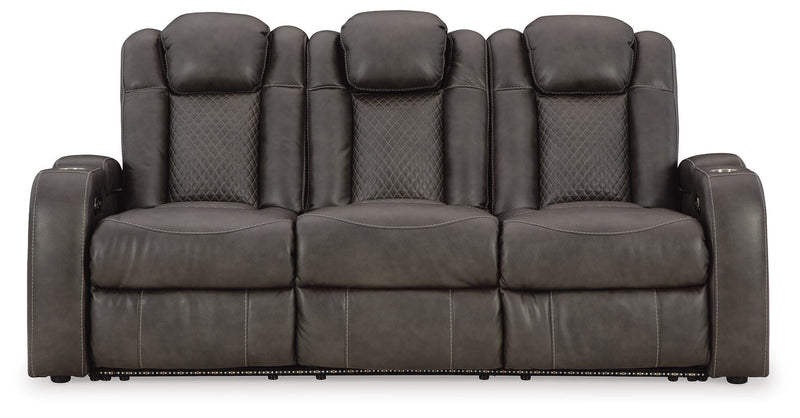 Ashley Furniture Fyne-Dyme Power Reclining Sofa with plush cushions and reclining features, shown from a head-on angle.