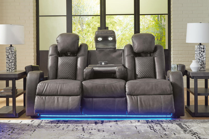 Ashley Furniture Fyne-Dyme Power Reclining Sofa with plush upholstery and modern design, shown in a living room setting.