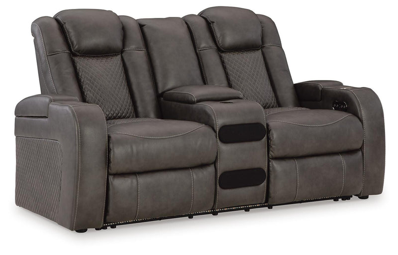 Ashley Furniture Fyne-Dyme living room set with sofa, loveseat, and armchair arranged in a modern living space.