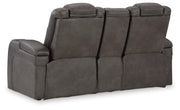 Ashley Furniture Fyne-Dyme power reclining loveseat with console, showing plush upholstery and built-in cup holders.