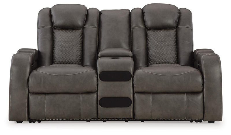Ashley Furniture Fyne-Dyme Power Reclining Loveseat with console, showing plush fabric, reclining feature, and built-in cup holders.