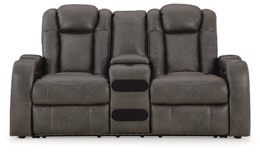 Ashley Furniture Fyne-Dyme Power Reclining Loveseat with console, showing plush fabric, reclining feature, and built-in cup holders.