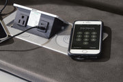 Ashley Furniture Fyne-Dyme Power Reclining Sofa with built-in wireless charging pad, showing plush fabric and reclining features.
