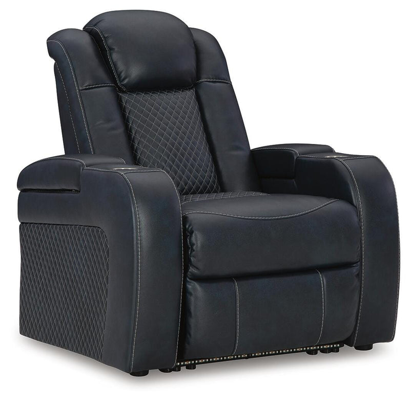 Ashley Furniture Fyne-Dyme Power Recliner, closed view showing plush fabric and armrests in a modern recliner design.