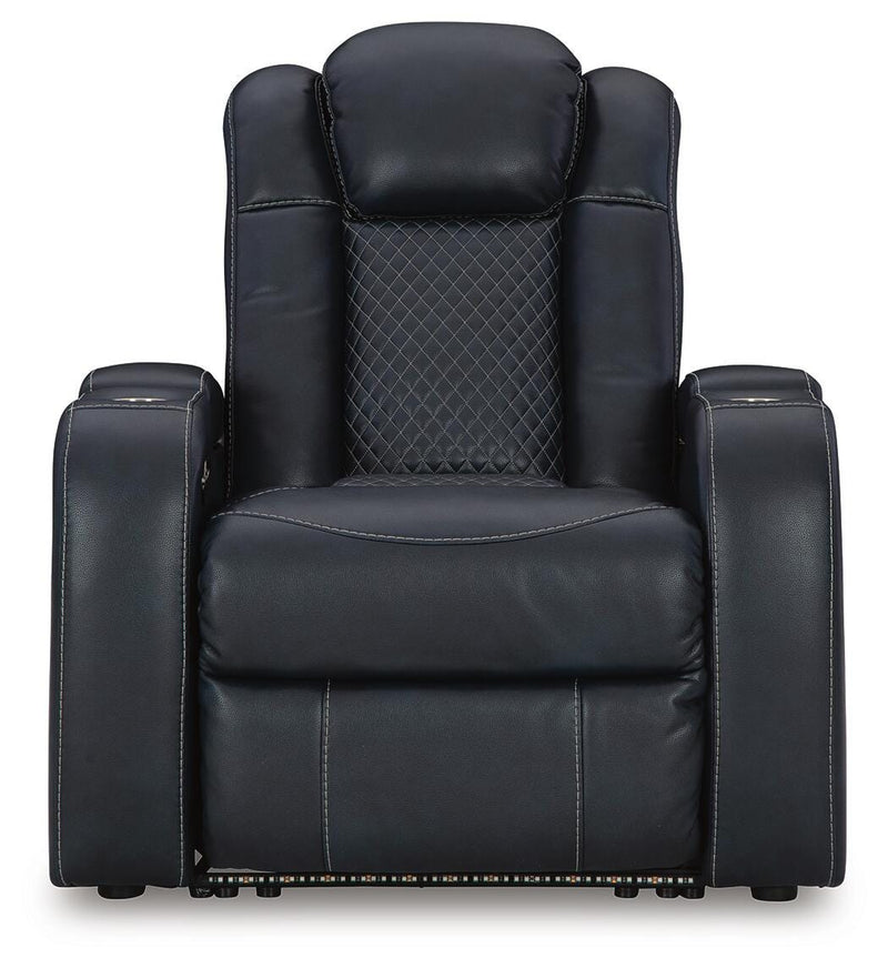 Ashley Furniture Fyne-Dyme Power Recliner with plush cushioning and dark brown upholstery, shown from a head-on view.