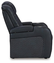Ashley Furniture Fyne-Dyme Power Recliner with plush upholstery and adjustable reclining mechanism, shown from side view.