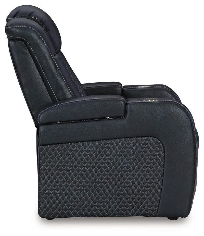 Ashley Furniture Fyne-Dyme Power Recliner with plush upholstery and adjustable reclining mechanism, shown from side view.