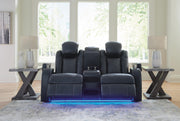 Ashley Furniture Fyne-Dyme power reclining loveseat with console, featuring plush cushions and a built-in center console.