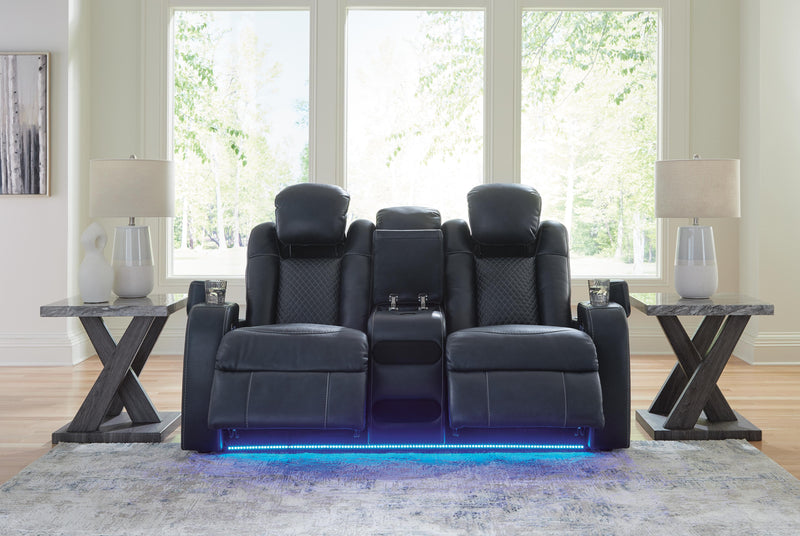 Ashley Furniture Fyne-Dyme power reclining loveseat with console, featuring plush cushions and a built-in center console.