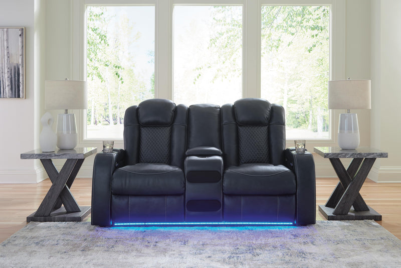 Ashley Furniture Fyne-Dyme power reclining loveseat with console, featuring plush upholstery and built-in cup holders.