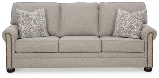 Ashley Furniture Gaelon sofa with plush gray upholstery and cushioned armrests, shown from a front head-on view.