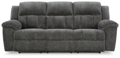 Ashley Furniture Frohn reclining sofa with plush cushions and dark upholstery, shown from a front head-on view.