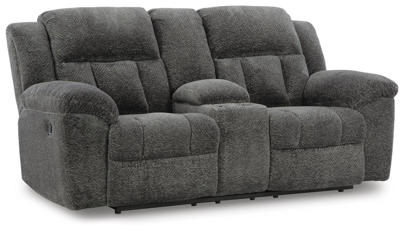 Ashley Furniture Frohn reclining loveseat with console, featuring plush upholstery and built-in cup holders, shown from an angled view