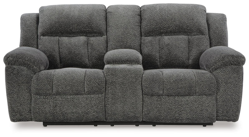 Ashley Furniture Frohn reclining loveseat with built-in console, featuring plush cushions and a modern design.