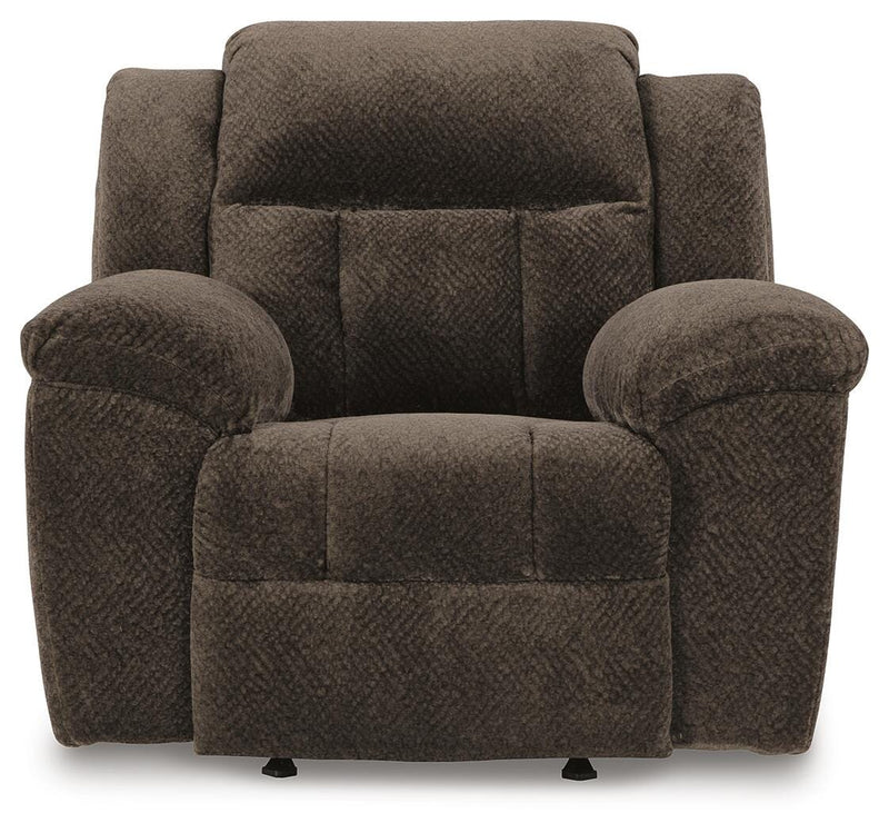 Ashley Furniture Frohn recliner with plush fabric upholstery and padded armrests, shown in a head-on view.