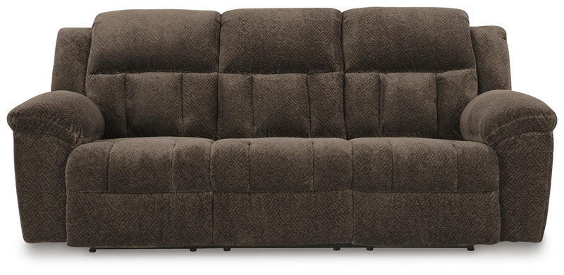 Ashley Furniture Frohn reclining sofa with plush cushions and wide armrests, shown from a head-on view.