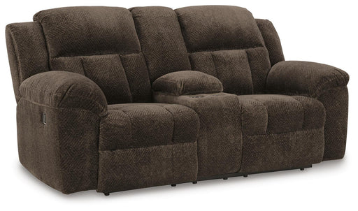Ashley Furniture Frohn reclining loveseat with console, featuring plush fabric, cushioned armrests, and built-in cup holders.