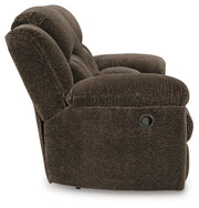 Ashley Furniture Frohn reclining loveseat with console, featuring plush upholstery and side view with built-in cup holders.